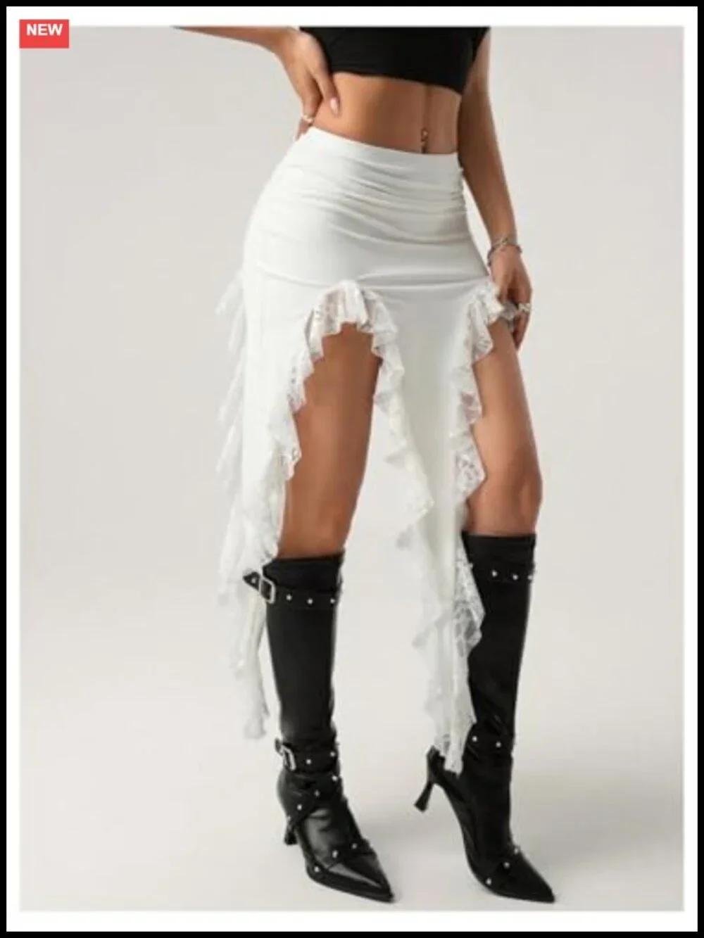 Asymmetrical Lace Trim Fringe Skirt with Slit, Flowy Western Festival Skirt